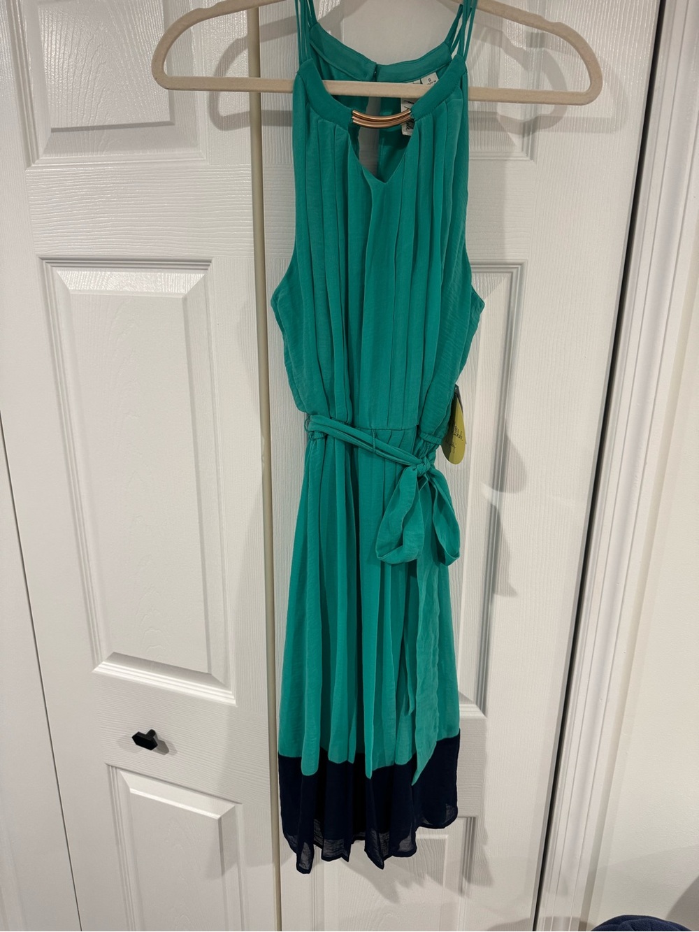 Emma & Michele Teal and Navy Sleeveless Tie-Waist Midi Dress